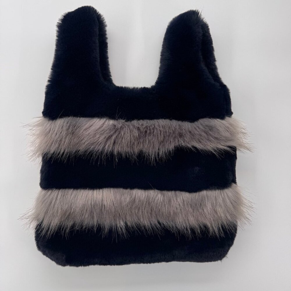 Fun Fur Factory Faux Fur Bag — Navy & Gray Fluffy Tote Y2K
